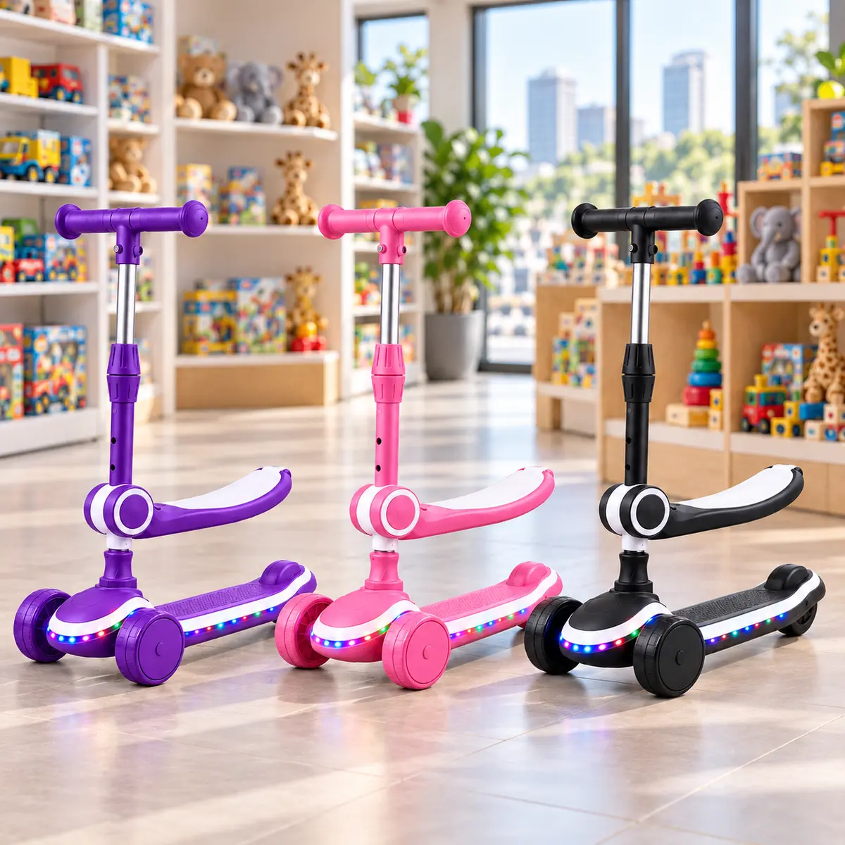GlowRide X1 2-in-1 scooters in purple, pink and black with raised seats and standing decks