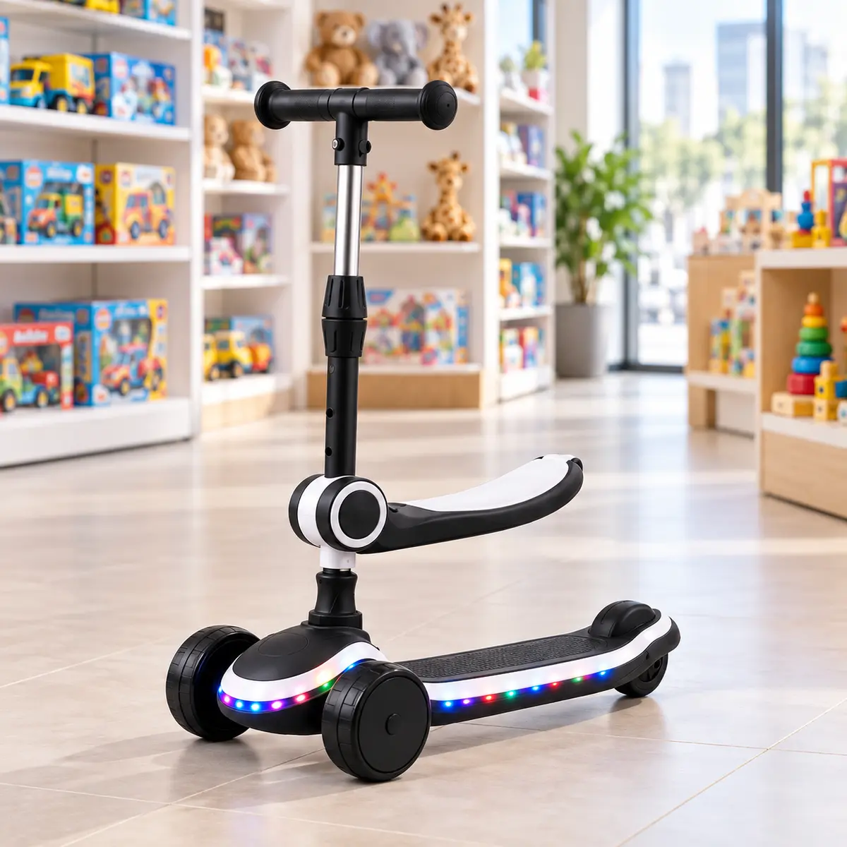 Black GlowRide X1 2-in-1 Kids Scooter with raised seat and standing deck