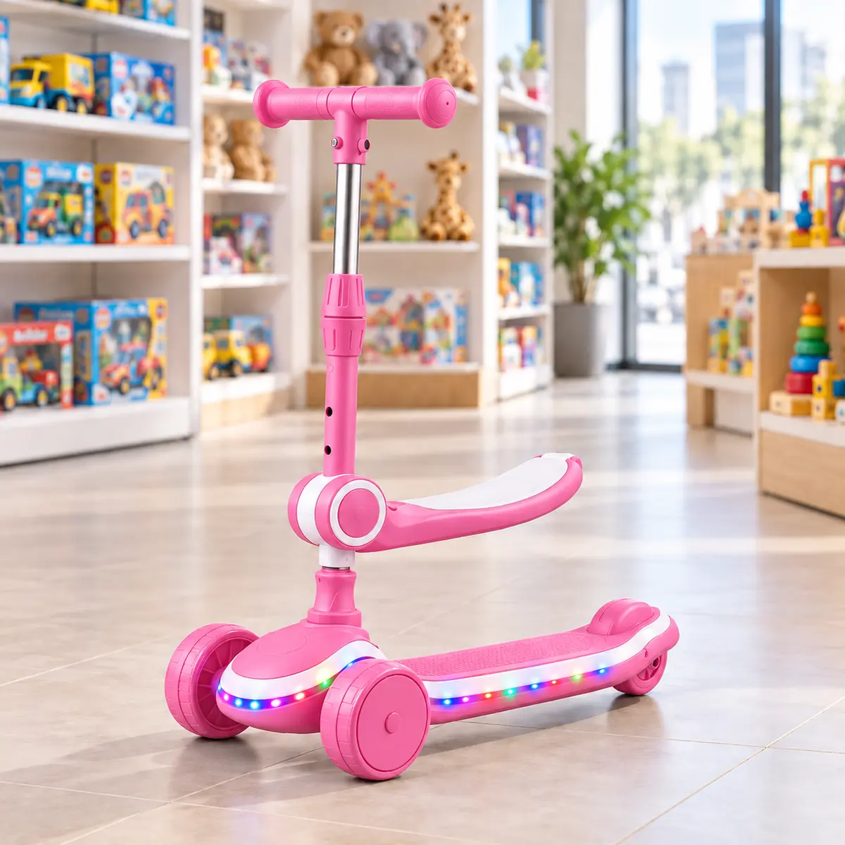 Pink GlowRide X1 2-in-1 Kids Scooter with raised seat and standing deck