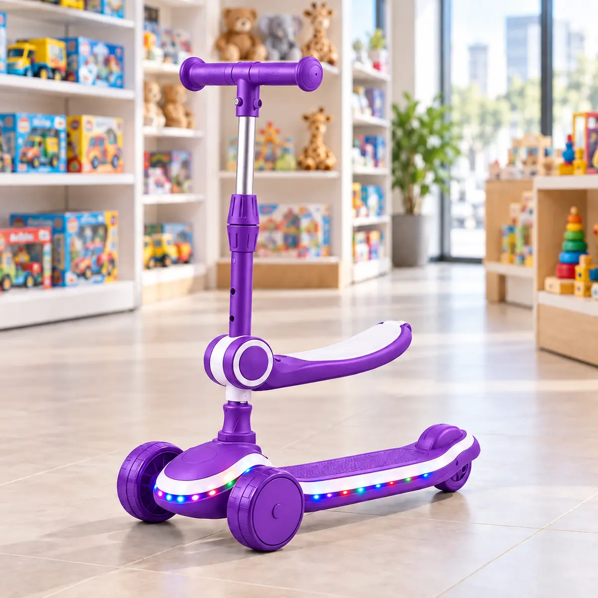 Purple GlowRide X1 2-in-1 Kids Scooter with raised seat and standing deck