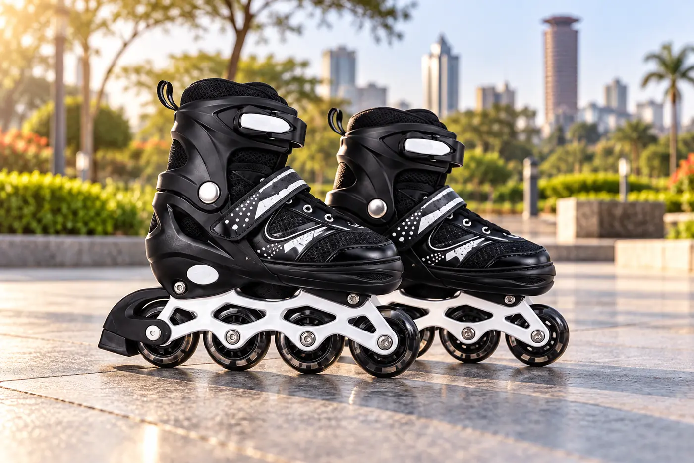 Black roller skates in a premium outdoor setting